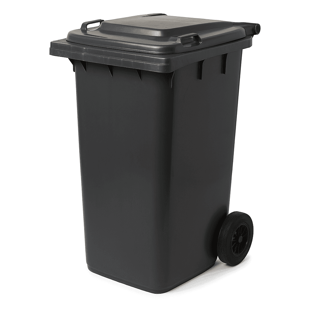 Large black wheeled trash bin with a closed lid on a white background.